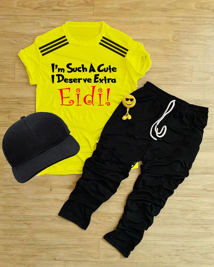 Pack Of 3 Disserve Extra Eidi Yellow Tracksuite For Kid Shirt Trouser Cap