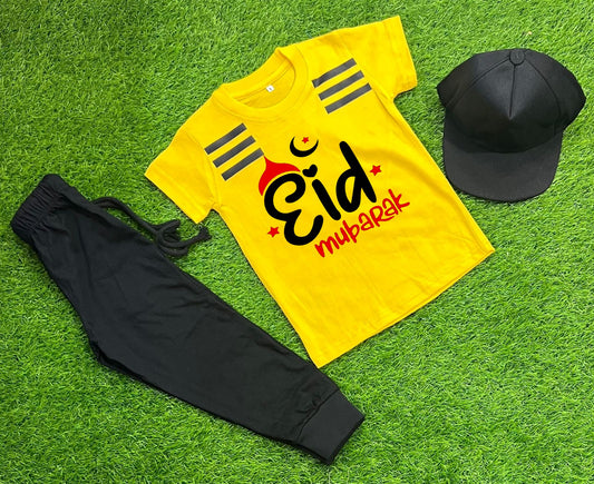 Pack Of 3 Eid Mubarak  Yellow Tracksuite For Kid Shirt Trouser Cap