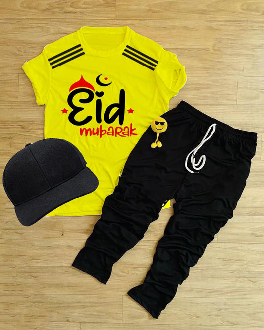 Pack Of 3 Eid Mubarak  Yellow Tracksuite For Kid Shirt Trouser Cap