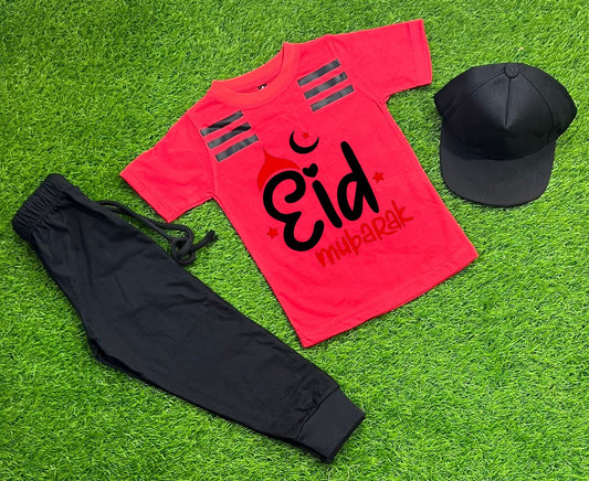 Pack Of 3 Eid Mubarak  Red Tracksuit  For Kid Shirt Trouser Cap