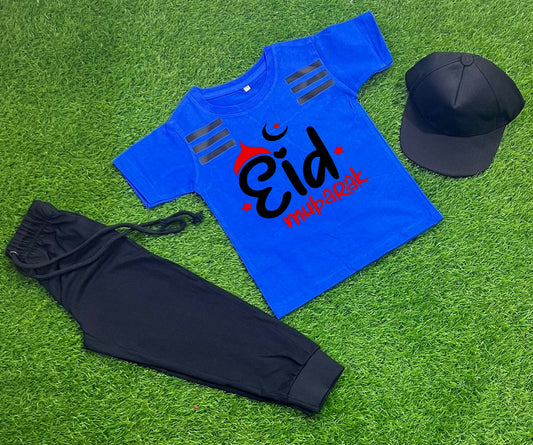 Pack Of 3 Eid Mubarak  Royal Blue Tracksuit For Kid Shirt Trouser Cap