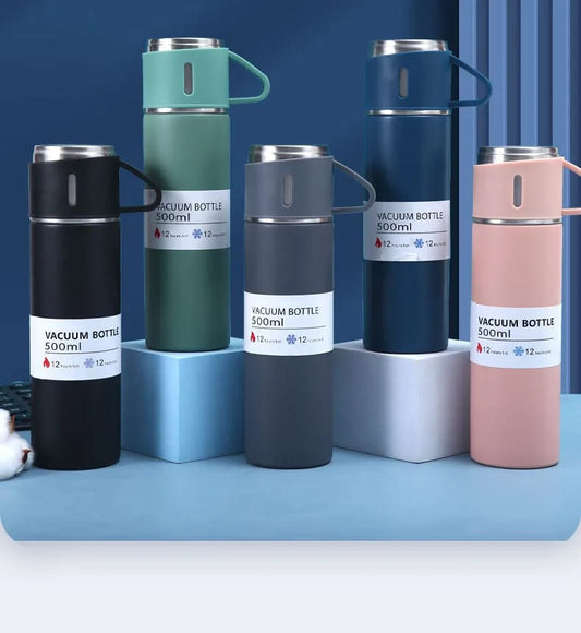 Stainless Steel Vacuum Flask Set With 3 Cups, 500ml (random color)